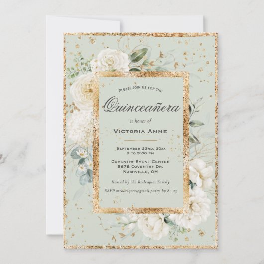 Invitation Élégante Fleurie Or Sage Moderne Quinceañera (Devant)