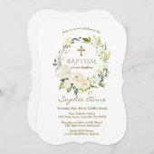 Invitation Elégante Fleurs blanches Croix d'or Baptême (Devant / Derrière)