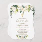 Invitation Elégante Fleurs blanches Croix d'or Baptême (Devant / Derrière)