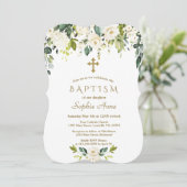 Invitation Elégante Fleurs blanches Croix d'or Baptême (Debout devant)