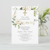 Invitation Elégante Fleurs blanches Gold Girl Holy Communion (Debout devant)