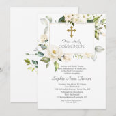 Invitation Elégante Fleurs blanches Gold Girl Holy Communion (Devant / Derrière)