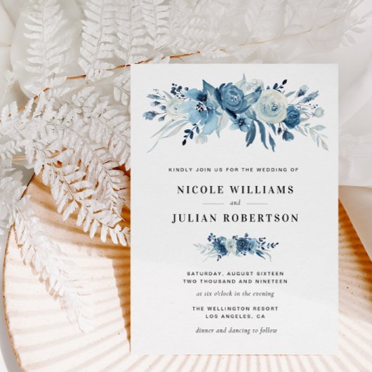 Invitation élégante fleurs bleu mariage