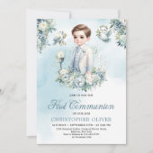 Invitation Elégante fleurs bleues blanches sauge Première com (Devant)