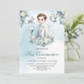 Invitation Elégante fleurs bleues blanches sauge Première com (Debout devant)