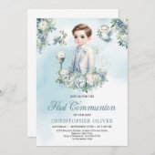 Invitation Elégante fleurs bleues blanches sauge Première com (Devant / Derrière)