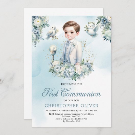 Invitation Elégante fleurs bleues blanches sauge Première com (Devant / Derrière)
