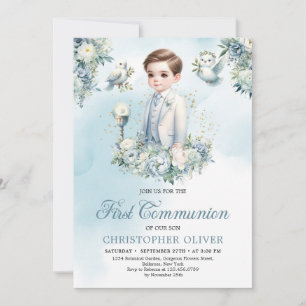 Invitation Elégante fleurs bleues blanches sauge Première com