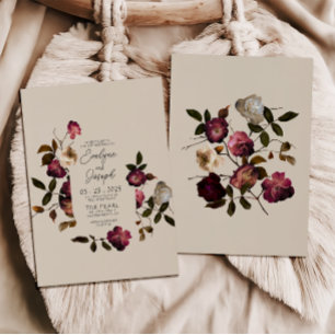 Invitation Elégante Fleurs Bourgogne Boho Chic Mariage modern