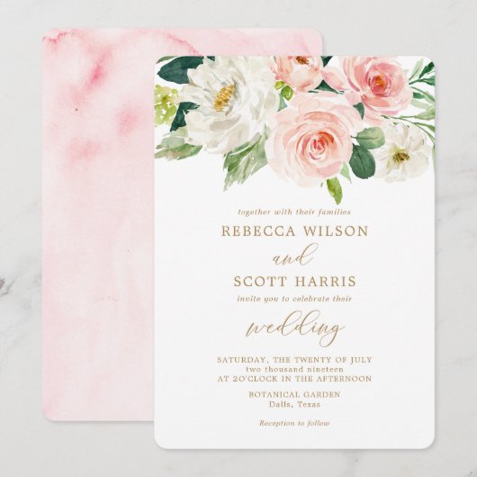 Invitation Elégante Fleurs de Blush Aquarelle Printemps Maria (Devant / Derrière)