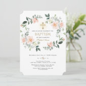 Invitation Élégante Fleurs de Crème Bleue Wreath Gold Baptism (Debout devant)