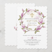 Invitation Élégante Fleurs de Magnolia Rose Wreath Gold Bapti (Devant / Derrière)