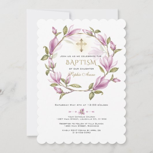 Invitation Élégante Fleurs de Magnolia Rose Wreath Gold Bapti (Devant)