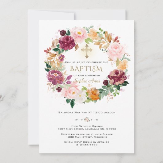 Invitation Élégante Fleurs de safran bordeaux Wreath Baptême (Devant)