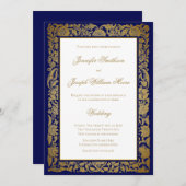 Invitation Elégante Fleurs d'or et Mariage bleu (Devant / Derrière)