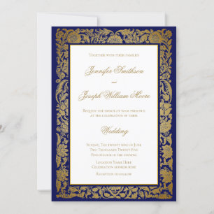 Invitation Elégante Fleurs d'or et Mariage bleu