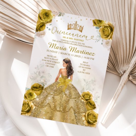 Invitation Elégante Fleurs d'or Princesse Robe Quinceañera