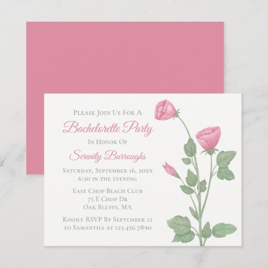 Invitation Élégante Fleurs Florales Rose Bachelorette Party (Devant / Derrière)