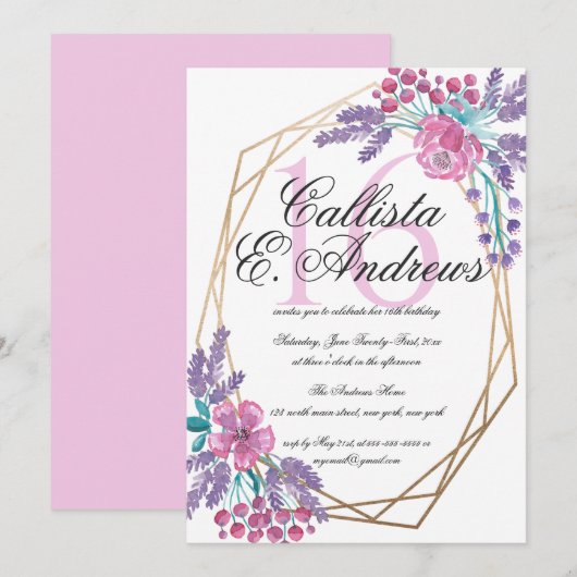 Invitation Elégante Fleurs Gold Terrarium Aquarelle Sweet 16 (Devant / Derrière)