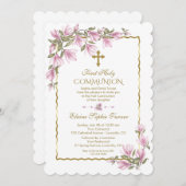 Invitation Elégante Fleurs Magnolia Or Première Communion Sai (Devant / Derrière)