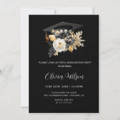 Invitation Élégante Fleurs Noir Blanc et Or Graduation (Devant)
