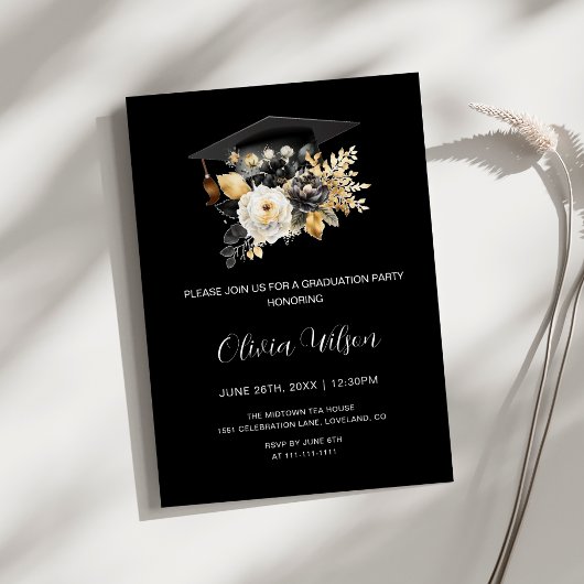 Invitation Élégante Fleurs Noir Blanc et Or Graduation