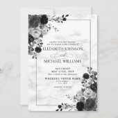 Invitation Elégante Fleurs noires Aquarelle Marbre Mariage (Devant)