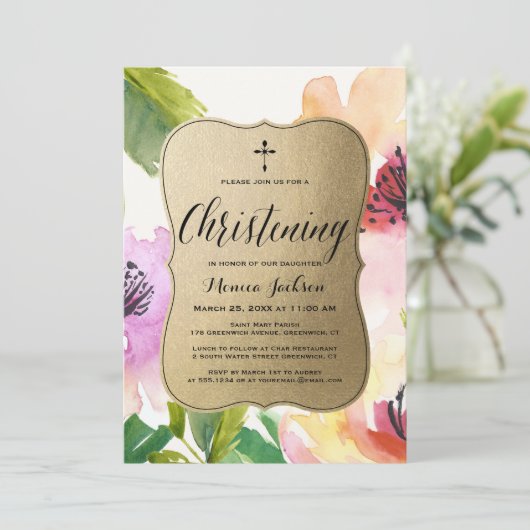 Invitation Elégante Fleurs Or | Christine (Debout devant)