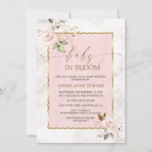 Invitation Elégante Fleurs Roses Bébé Or en Fleur (Devant)