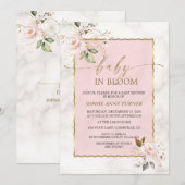 Invitation Elégante Fleurs Roses Bébé Or en Fleur (Devant / Derrière)