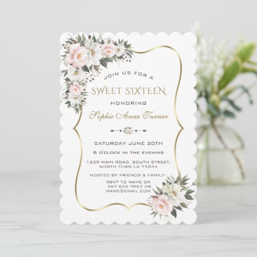 Invitation Elégante Fleurs Roses Blanches Or Frame Sweet 16 (Debout devant)