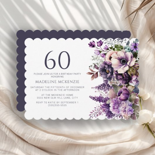 Invitation Élégante Fleurs violettes Adulte 60e anniversaire