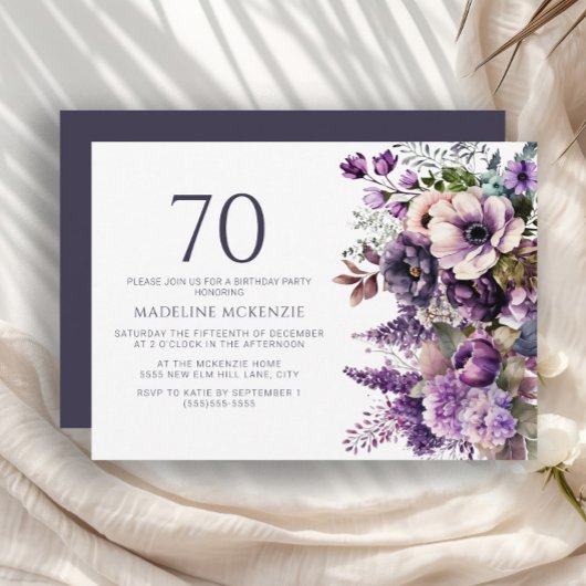 Invitation Élégante Fleurs violettes Adulte 70e anniversaire