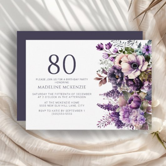 Invitation Élégante Fleurs violettes Adulte 80e anniversaire