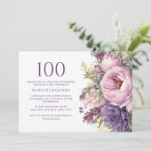 Invitation Élégante Fleurs violettes roses 100e anniversaire (Debout devant)