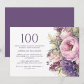 Invitation Élégante Fleurs violettes roses 100e anniversaire (Devant / Derrière)