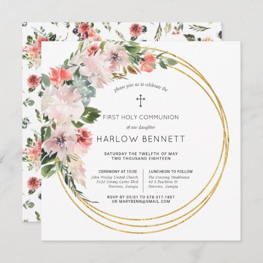 Invitation Élégante floraison Première Sainte Communion Invit (Devant / Derrière)