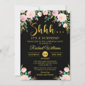 Invitation Elégante Floral Black Gold Surprise fête d'anniver (Devant)