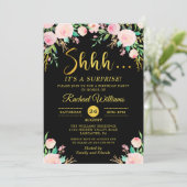 Invitation Elégante Floral Black Gold Surprise fête d'anniver (Debout devant)