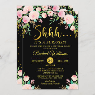 Invitation Elégante Floral Black Gold Surprise fête d'anniver