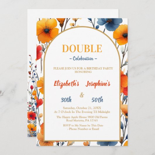 Invitation Elégante Floral double fête d'anniversaire (Devant / Derrière)