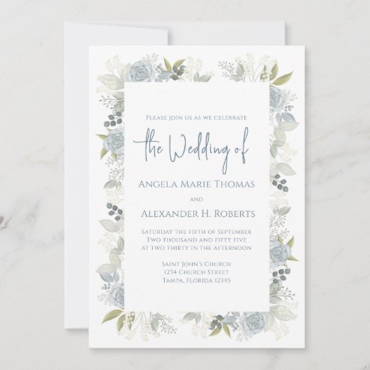 Invitation Élégante Floral Dusty Blue Rose QR Code Réponse (Devant)