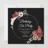 Invitation Elégante Floral Rouge Rose Or Anniversaire Tea Par (Devant)