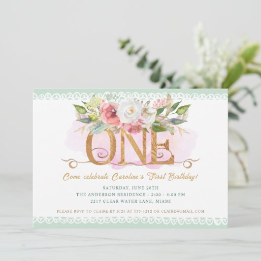 Invitation Elégante Floral Sage Green 1er anniversaire fête (Debout devant)