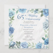Invitation Élégante Florale Bleue 65ème fête Mariage (Devant)