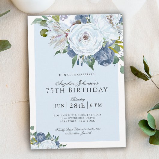 Invitation Elégante Florale Bleue et Blanche 75ème anniversai