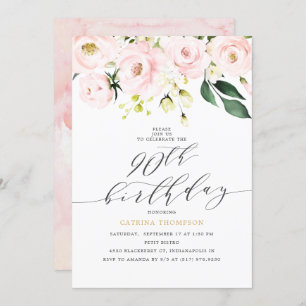 Invitation Elégante florale de Blush et Eucalyptus 90e annive