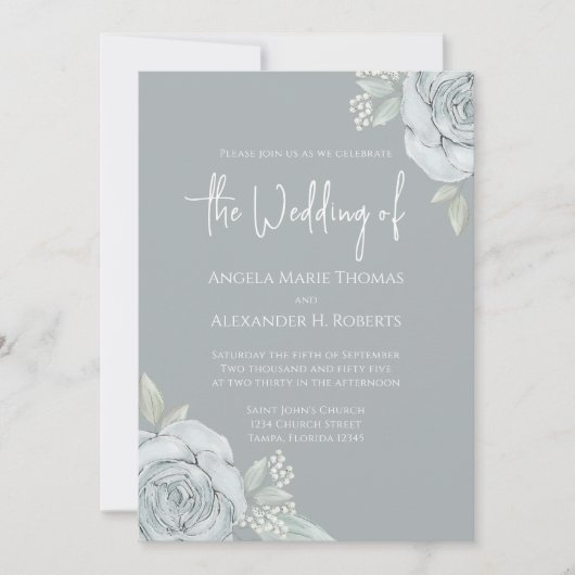 Invitation Elégante Florale Dusty Bleu Classique Fleurs Roses (Devant)