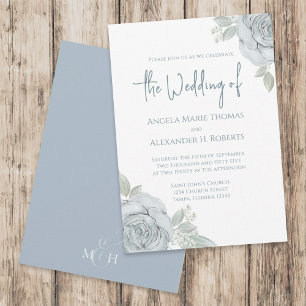 Invitation Elégante Florale Dusty Bleu Classique Fleurs Roses