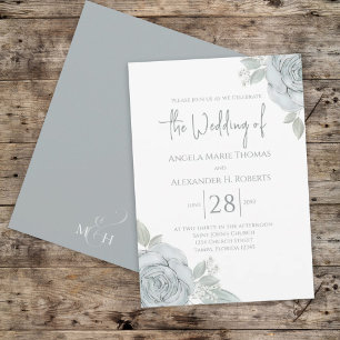 Invitation Elégante Florale Dusty Bleu Classique Fleurs Roses